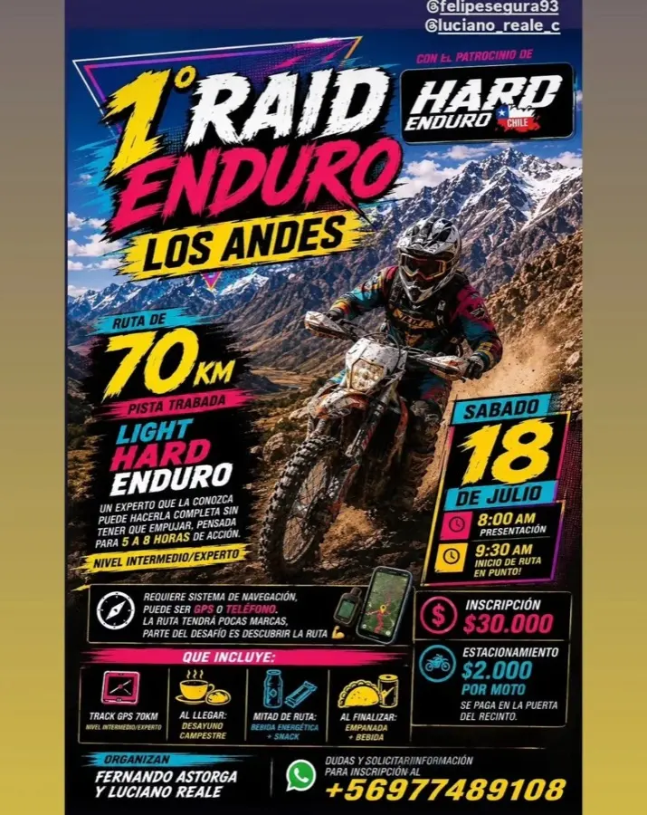 Afiche de la primera edición: 70 km de pista trabada, sábado 18 de julio, $30.000, con patrocinio de Hard Enduro Chile.